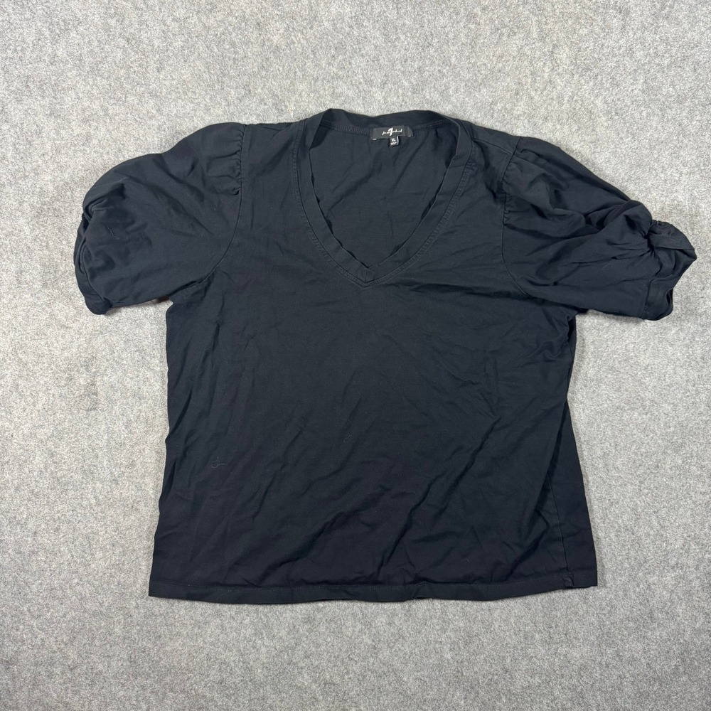 7 For All Mankind Top Womens XL Black V-Neck Puff Sleeve Ruched Cotton Shirt